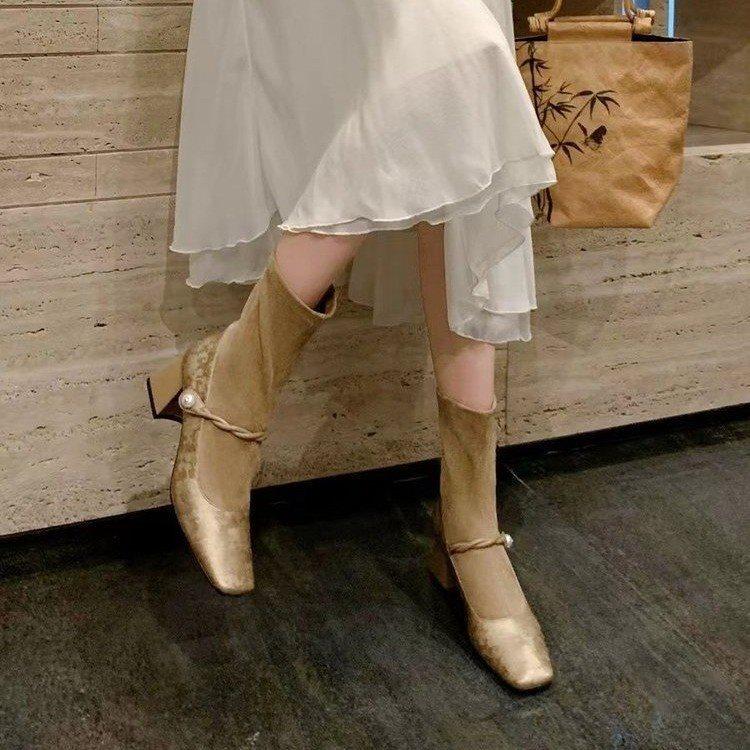 

Coarse socks boots women s thin boots Mary Jane 2025 small skirt short boots high heels new autumn with elastic new Chinese style 40 абрикосовый