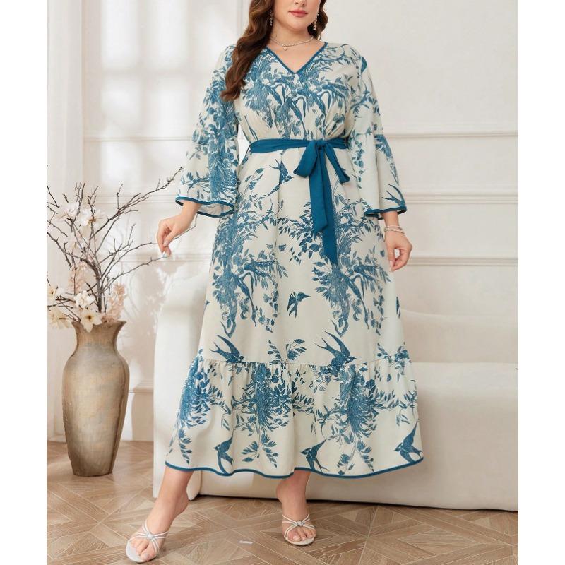 

Плюс Размер Женщин Осень Новая Мода Принт Темперамент Пригородный V-образный вырез Swing Средней Длины Платье 4XL синий