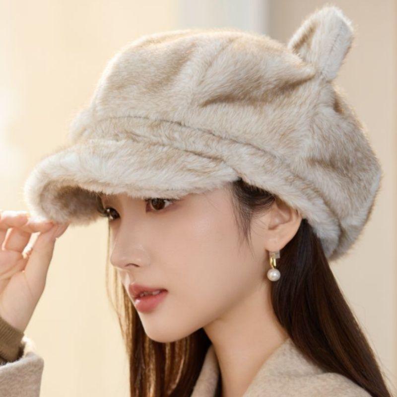 New Style Rabbit Fur Octagonal Hat Women's Fashionable Plush Hat Cat Ear Thermal Cap Wide-Circumference Head Wrap