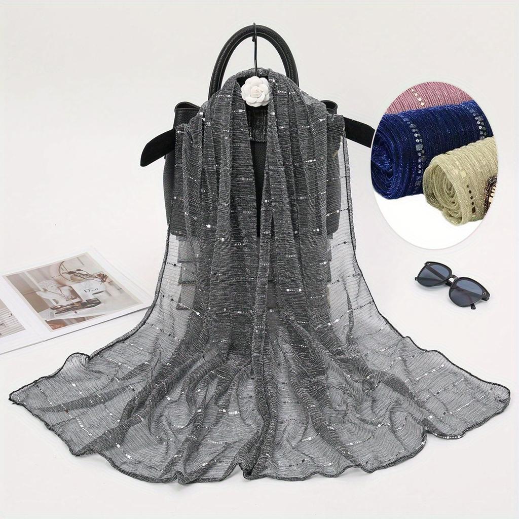 1 Stück Frühling und Herbst Damen Hoch elastische Paillettenketten Schal, Dochtsilk Langes Tuch, Indisches Tuch, Schiebesilktuch
