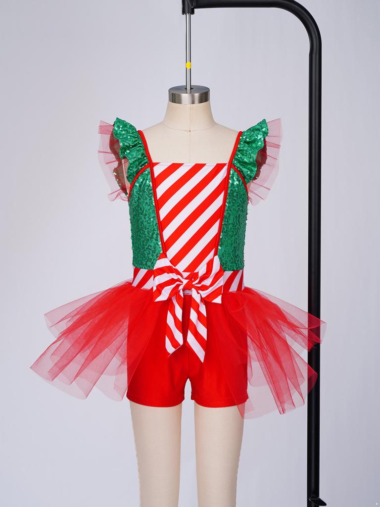 Sequins Candy Cane Stripe Tulle Dress for Girls Ruffle Sleeves Bowknot Built-in Shorts Christmas Stage Theme Party Costume