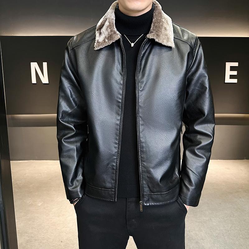 Plush Leather Jacket, Men's Pu Leather Jacket, Autumn and Winter Korean Edition, Lapel Business Jacket
