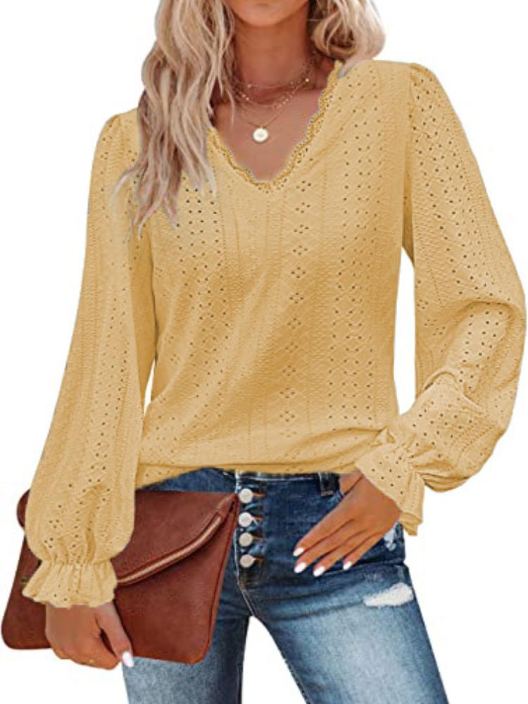 

Sexy V Neck Hollow Out Long Lantern Sleeve Loose Blouse Tops Spring Summer Women Lace Patchwork Pleated Hollow Out Shirts XXL жовтий