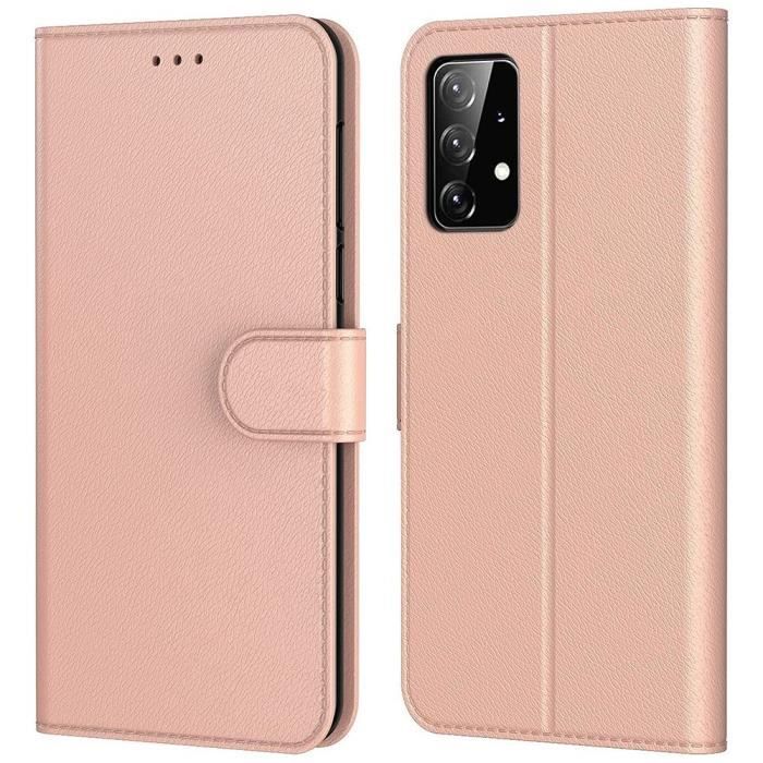 Coque Pour Samsung A52 (6.5") Rose Porte-Carte Anti Rayure Portefeuille Couleur Unie Effet Cuir Protection 360 degré