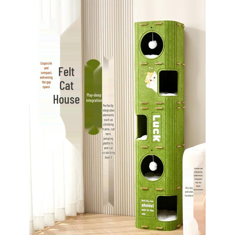 Waterwood Space-Saving Cat Climbing Frame: Felt Barrel Nest with Three Layers and Tree Hole for Big Cats
