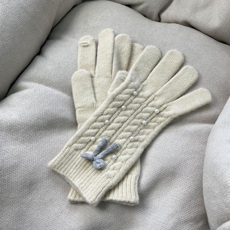 Miling Women s Pearl Bowknot Wool Knitted Gloves