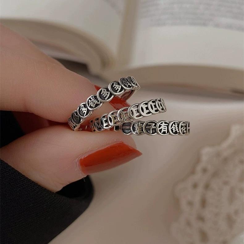 S925 sterling silver lucky transfer retro ring women's mahjong gathering money coin personality simple niche open ring tide