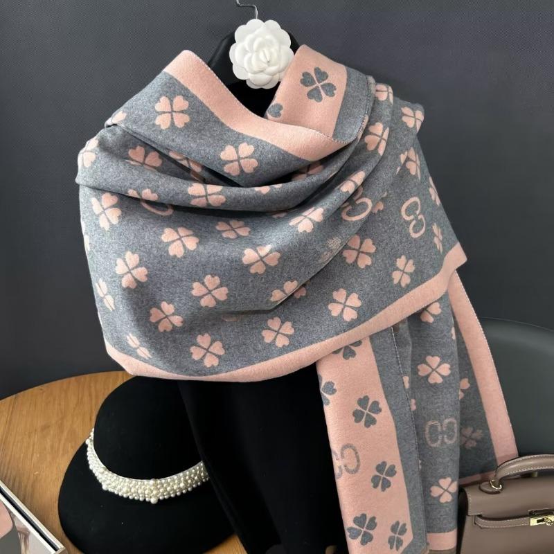 

2024 Новый двухсторонний шарф в стиле ретро с принтом «четырехлистный клевер» для женщин на зиму, имитирующий кашемир, модный толстый и теплый шарф-шаль 185x65cm