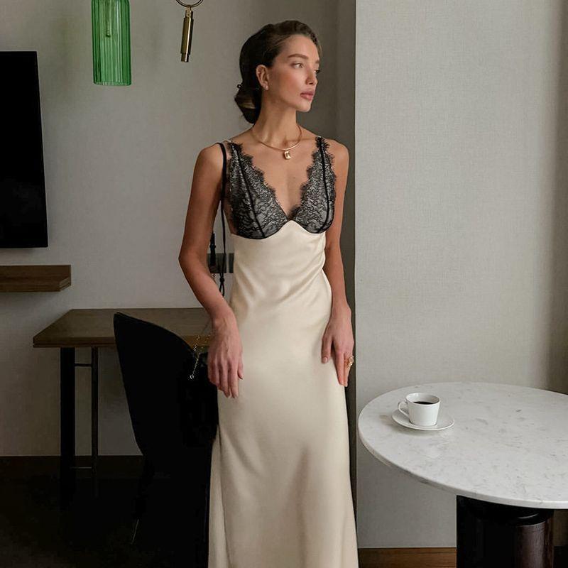 2026 Sommer Neu Grenzüberschreitender Stil Sexy V-Ausschnitt Spitze Patchwork Satin Kleid für Damen, High-End Figurbetont Elegant Langarmkleid