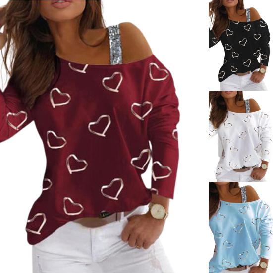 Dámska blúzka s potlačou srdca lomený krk Voľné sexy tričko top sveter na jar jesene