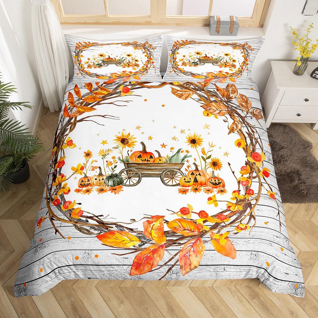 Homewish Autumn Leaf Flower Duvet Cover Set For ChildHalloween Fall Pumpkin Bedding SetRustic Wooden Plank Bed Set