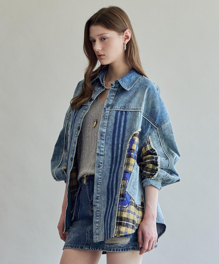 MAXZA Check Patchwork Loose Fit Denim Shirt