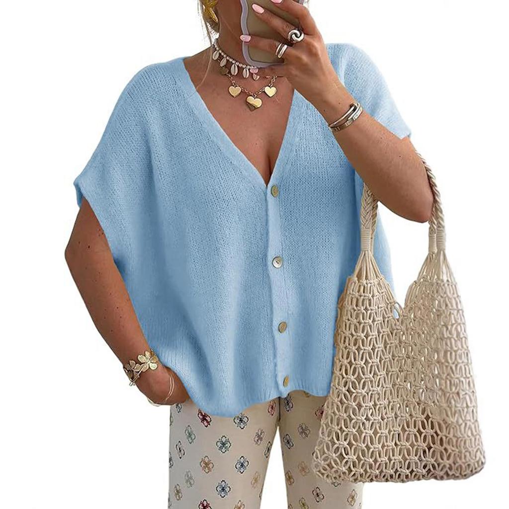 Women's Short-sleeved V-neck Cardigan Loose -sleeved Knitted Vest -Color Button Sweater Top