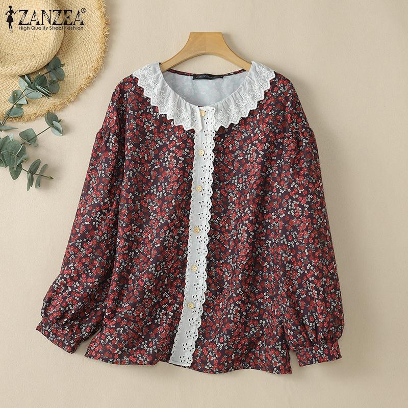 

ZANZEA Women Casual Lace Crochet Patchwork O-neck Long Sleeve Floral Blouse S чорний