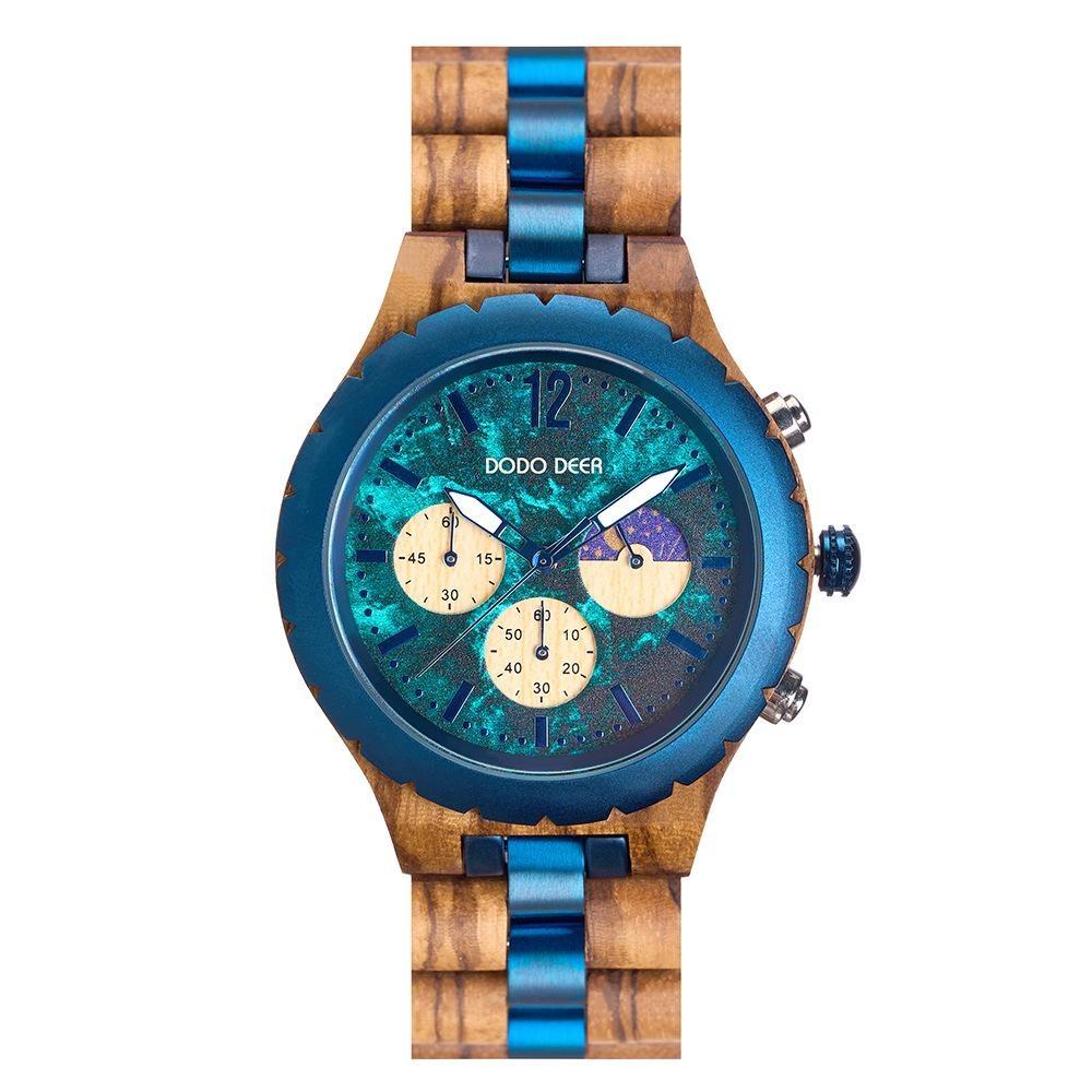 Herrenuhren Holzarmband Mode Blaues Zifferblatt Uhren Luxus Datum Chronograph Leuchtend Holz Armbanduhr Für Mann