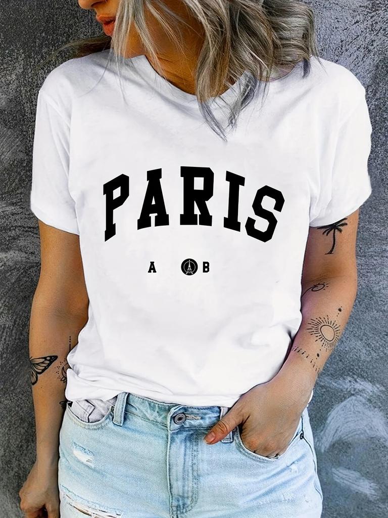 Paris Letter Print Unisex T-shirt Casual Crew Neck Short Sleeve Top WoUnisex Clothing Female Tops Tees