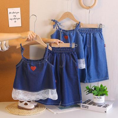 2026 Girls' Lace Denim Suspender Wide-Leg Pants Set: Trendy Summer Style