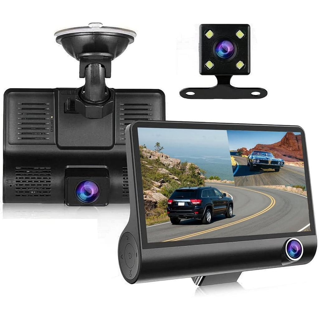 Dash Cam, 4 Inches 1296P 3 Channels Car Dash Camera Front Inside and Rear Camera Car Camera 140°Wide Angle Looping Recording G-SensorHDR Motion