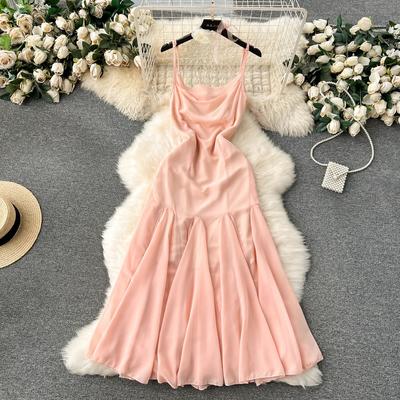 Socialite Sle Vacation Röcke Sexy Square Kragen Slim Fit Mittellanges Design Sense Frill Big Saum Sling Kleid Damen