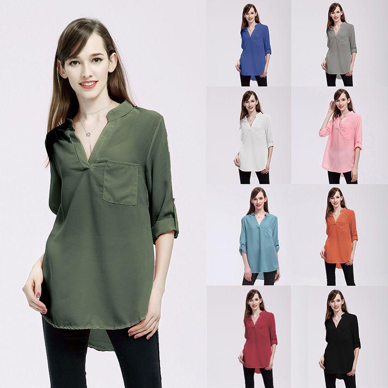 Chiffon Women Blouses Vneck Shirts Long Sleeve Loose Office Casual Spring Lady