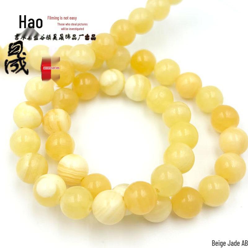 Natural A-Grade Beige Jade & Honey Chalcedony Bead Bracelet with Yellow Porcelain Accents and Tassel