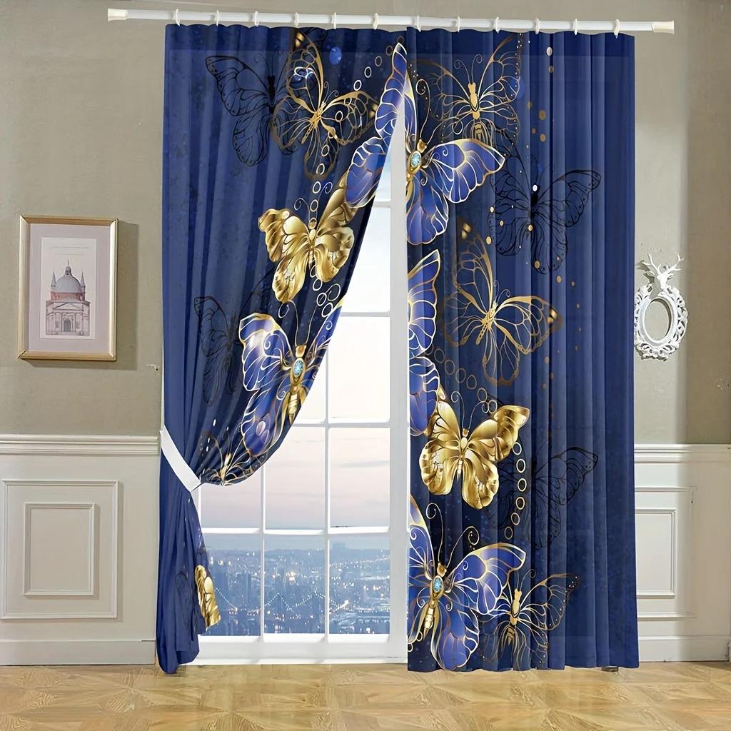 Golden Blue Butterfly Curtains Elegant Purple High Blackout Curtains Fashion New Style