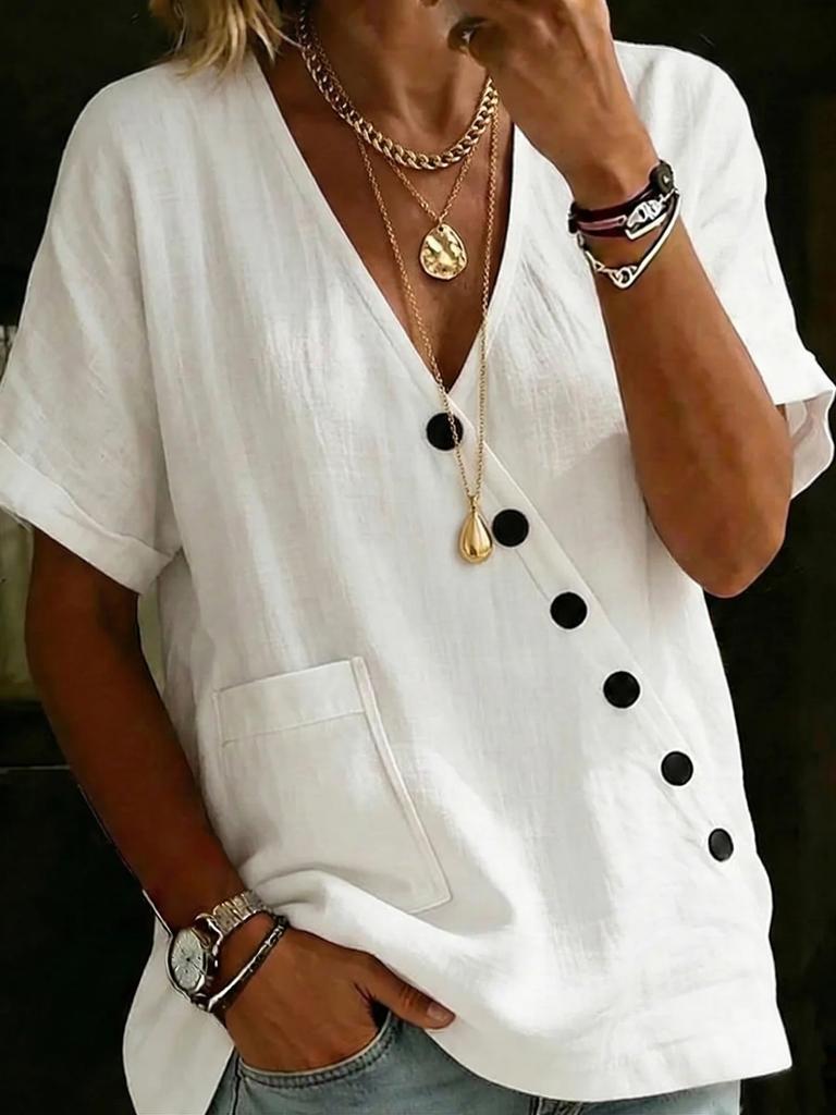 New Women's Shirt Top V-Neck Solid Color Casual Comfortable Button Cotton and Linen Shirt