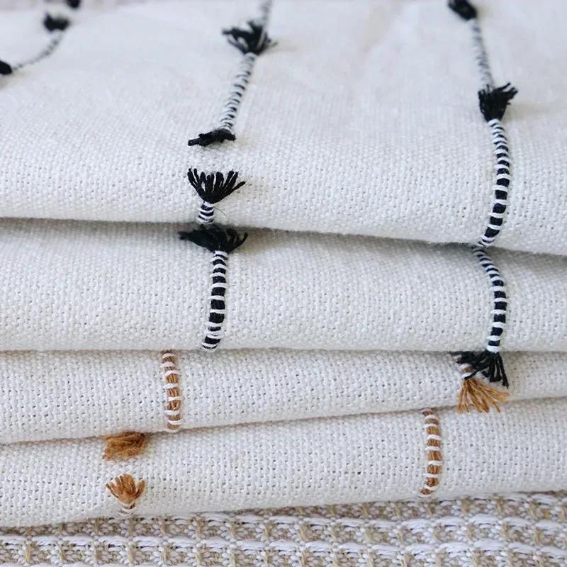 Line Linen Pillow/Cushion Covers European with Tassels Throw Pillow Sham 18x18 Home Decor Square Decorative for Couch Kids Bed