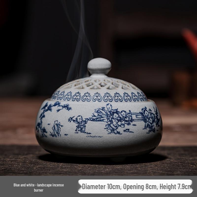 Chinese Retro Blue and White Ceramic Incense Burner Ornament
