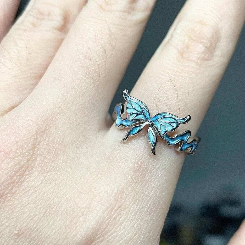 New Chinese Classical Fashion Sweet Cool Romantic Blue Butterfly Ring Female Niche Design Light Luxury Dream Butterfly Index Finger Ring