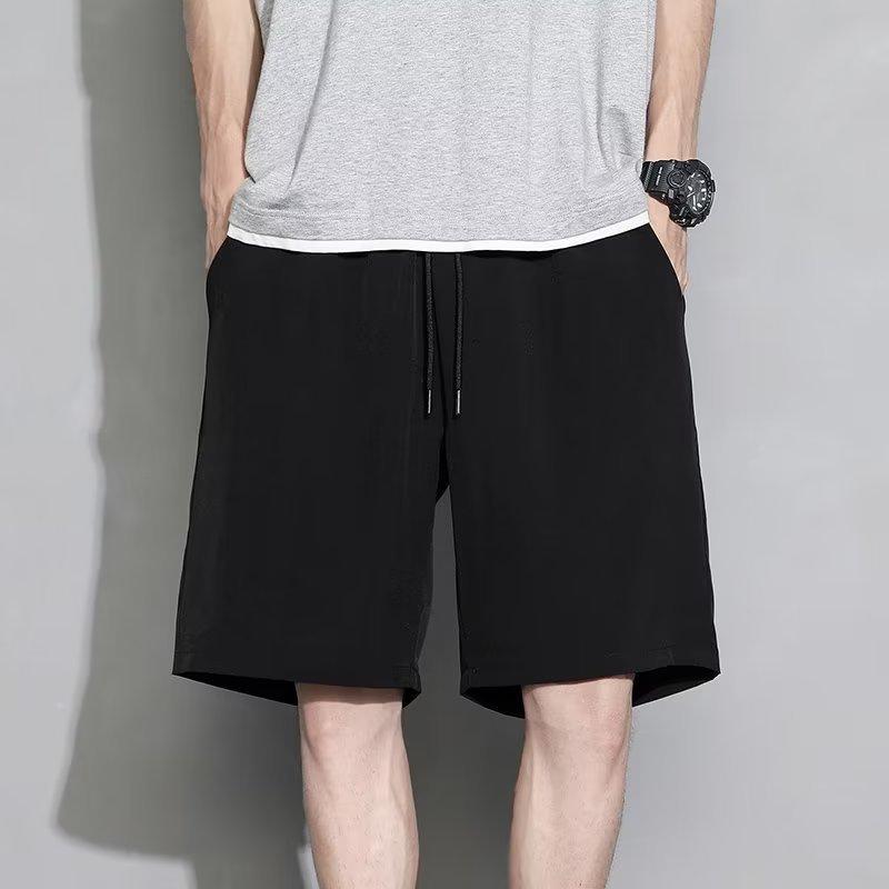 Summer Loose-fit Men's Sports Mid-waist Shorts Lightweight Black Ice Silk Five-poin