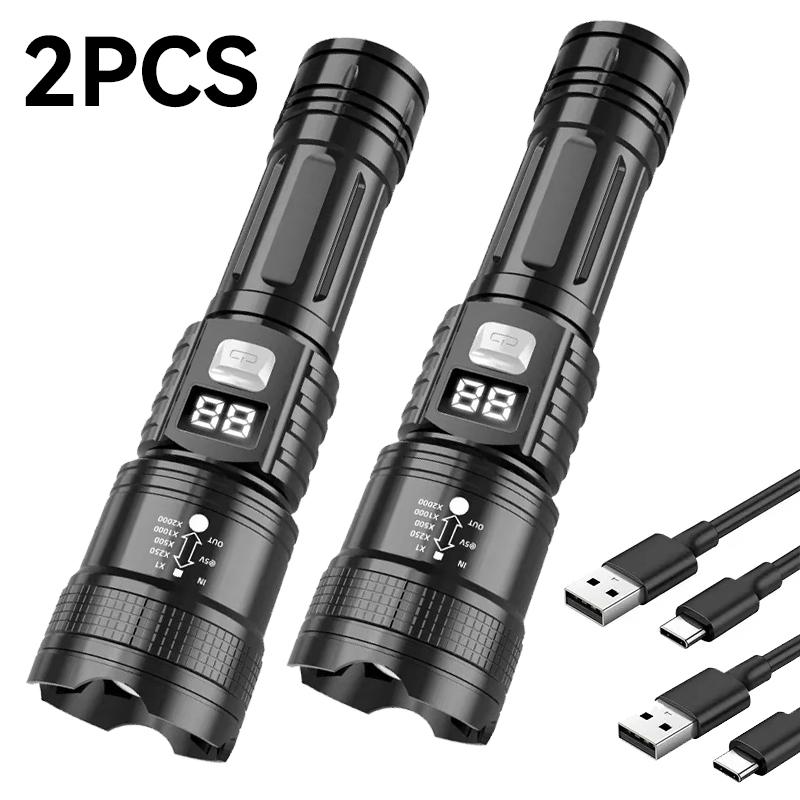 High Strong Power Led Flashlights 2000LM Tactical Torch with Display Light USB Charging Camping Fishing Emergency Zoom Lantern