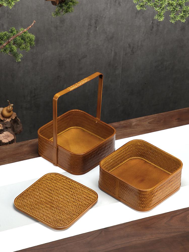 Vintage Bamboo Woven Double Layer Food Box Tea Set Storage Basket Dustproof Snack Container