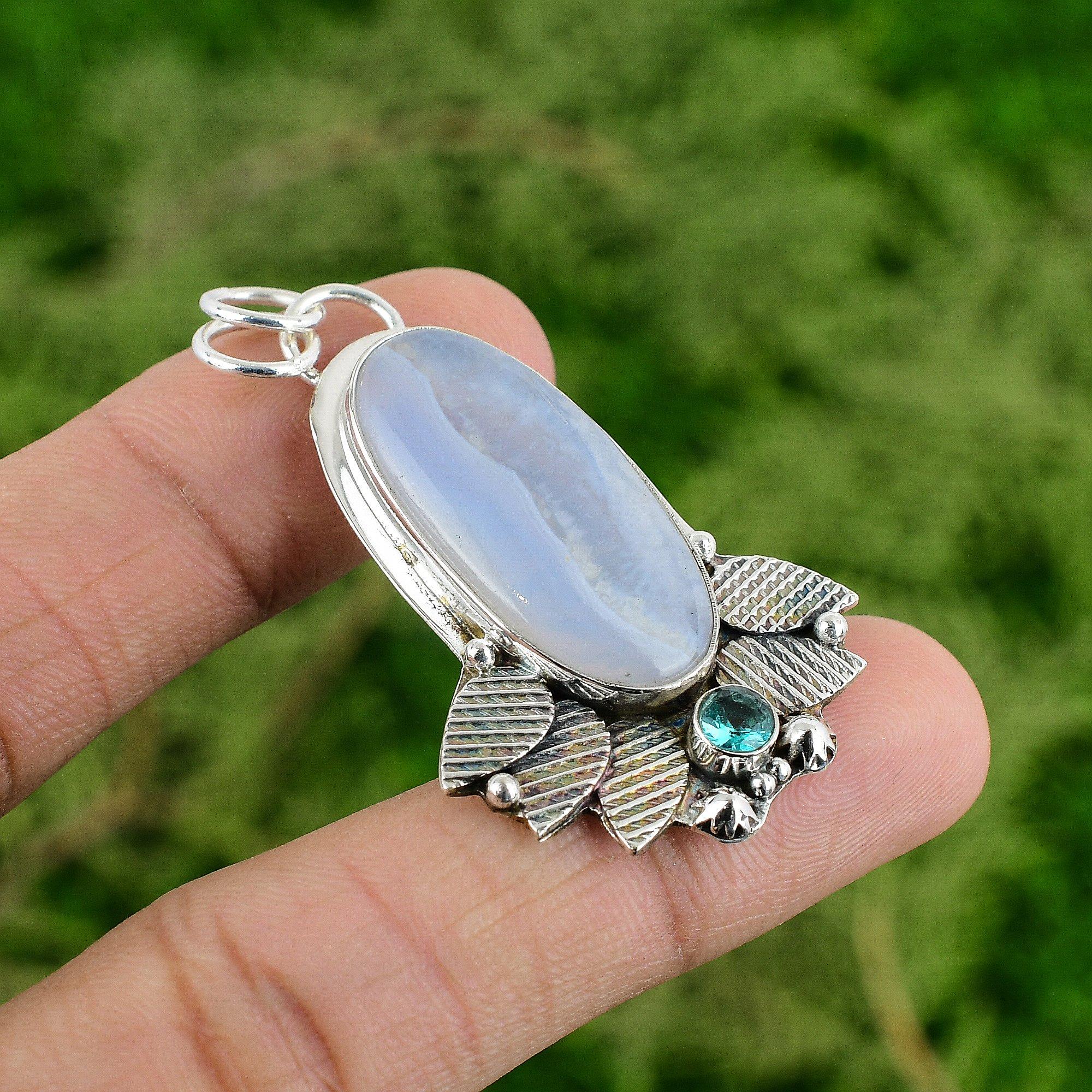

925 Silver Natural Blue Lace Agate Mother Wedding Engagement New Pendant Jewelry