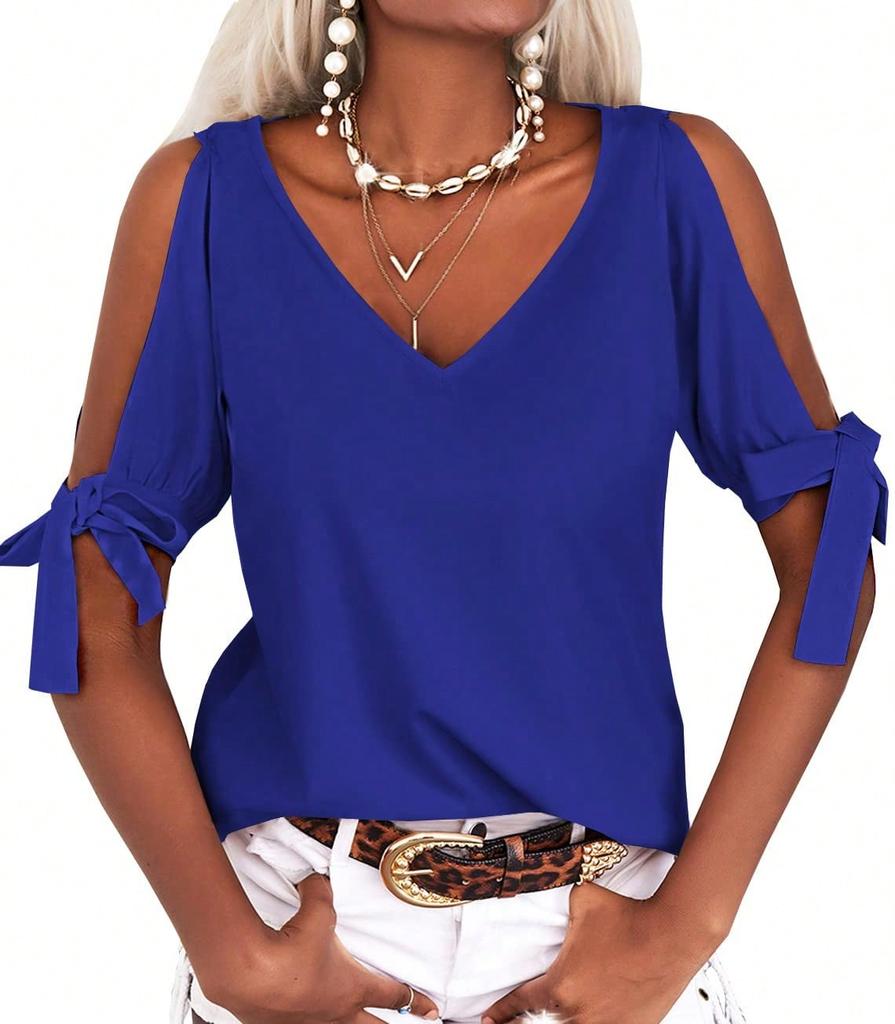 Women's Cold Shoulder V Neck T-Shirt Short Sleeve Loose Summer Cutout Blouse Top