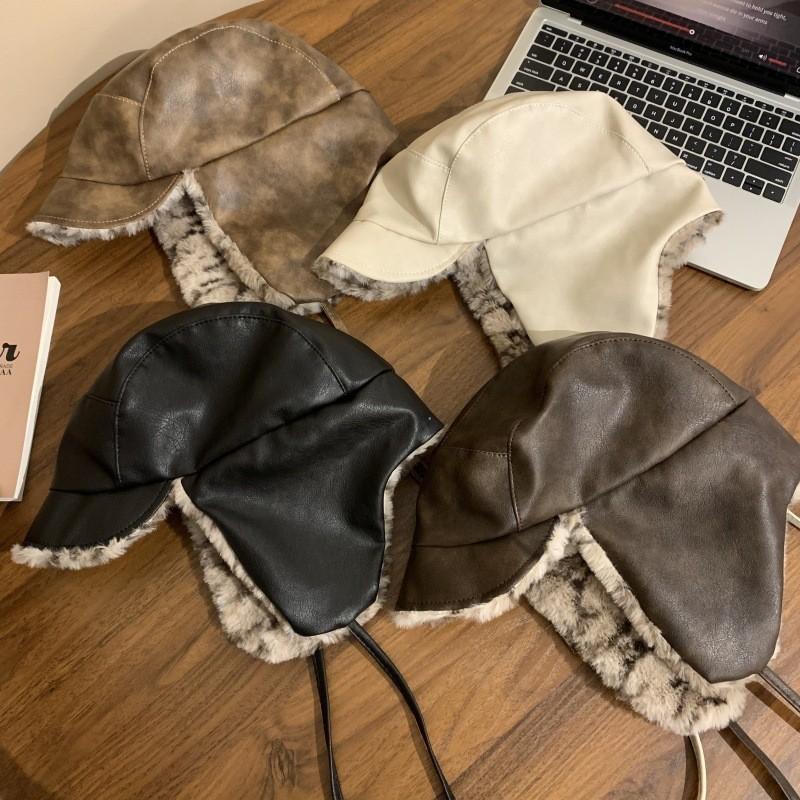 Unique Trendy And Gray Brown Pu Leather Womens Russian Hat For Fashionable Winter Style