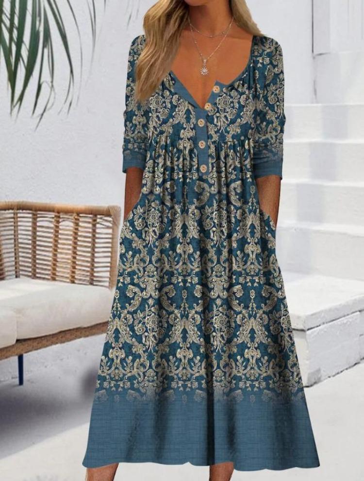 Buttoned Maxi Dress with Pocket Printed Cardigan Style Womens Dress