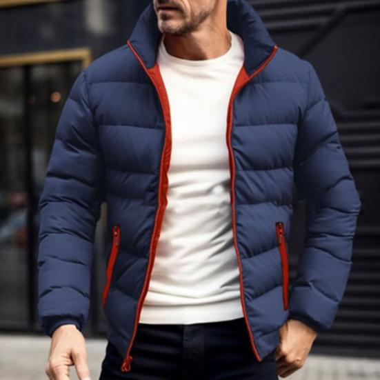Men Down Coat Stand Collar Long Sleeve Full Zipper Closure Solid Color Jacket Coat with Side Zipper Pockets Outdoor Leisure Quilted Outwear