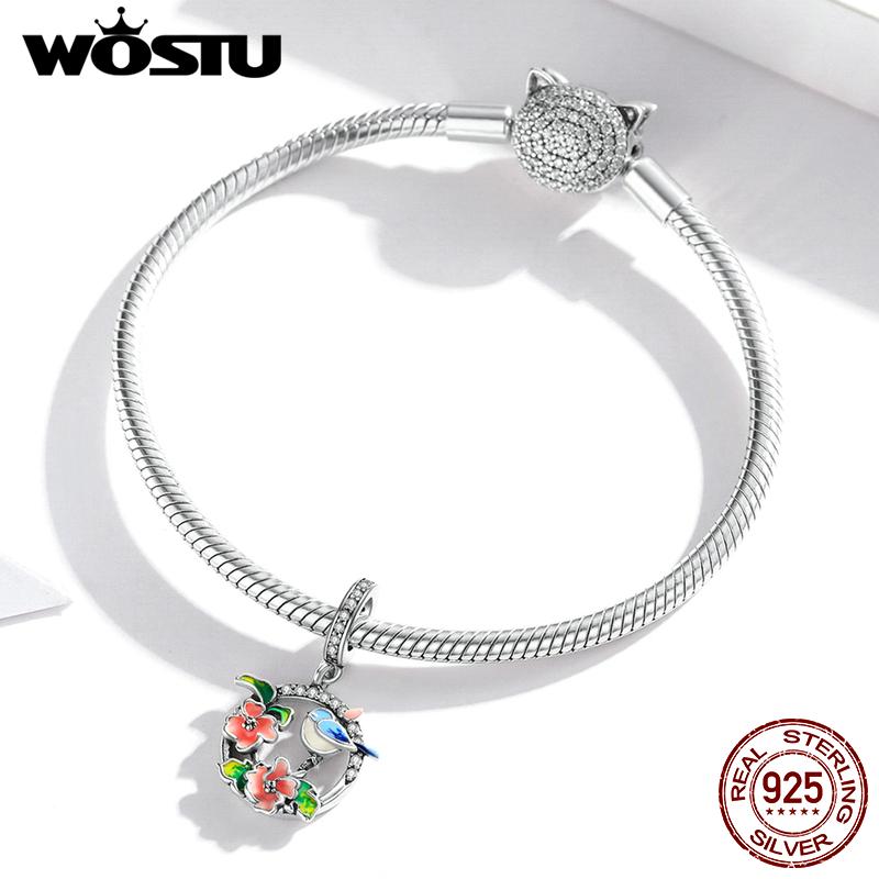 WOSTU Bunte Vögel Blumen Blätter CZ Anhänger Frühling Charm passen Original Armband Schmuck Zubehör DIY Herstellung