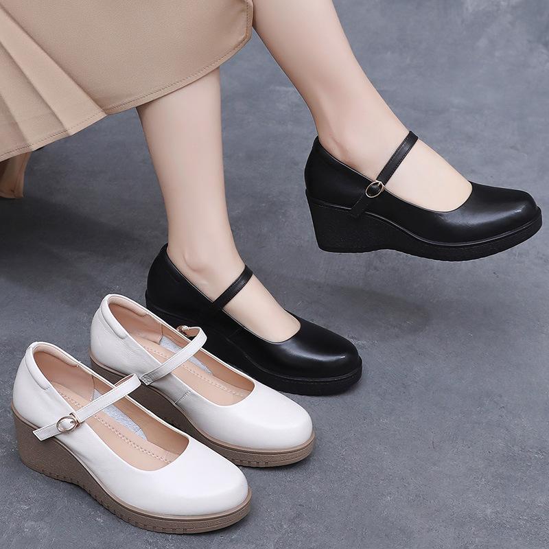 Fashion GKTINOO Fashion Ankle Strap Wedges Platform Genuine Leather Shoes Mary Janes Pumps For Women Casual Black Work Shoes High Heels