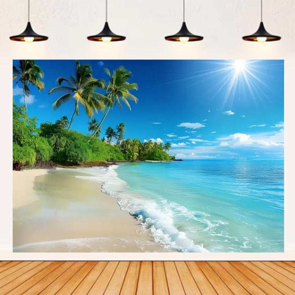 Summer Seaside Beach Theme Background Palm Tree Blue Sky Romantic Sunrise Sea Wave Photography Backdrop Supplies Party Decor