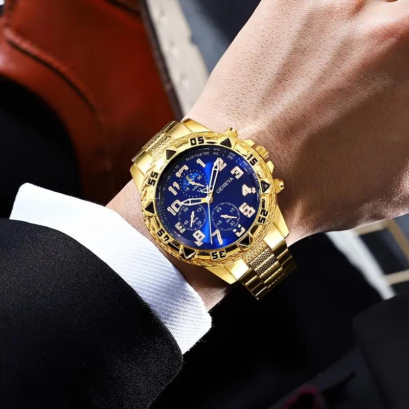 Men's Large Dial Blu-ray Glass Watch, High-end Men's Business Watch + Jewelry 4-piece Set