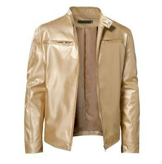 Men's European & American Stand-up Collar Punk Motorcycle Leather Jacket with Logo