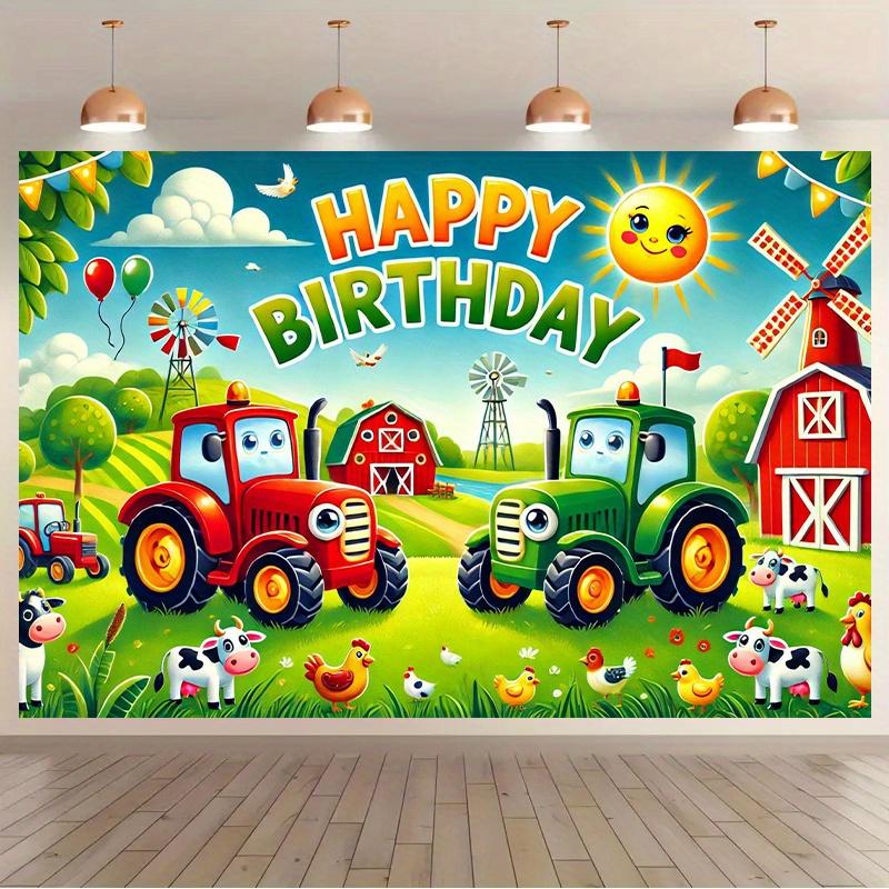 1 2D Bauernhof-Thema Geburtstagsparty Hintergrund - eine lebendige Traktor- und Scheunenszene aus Polyester