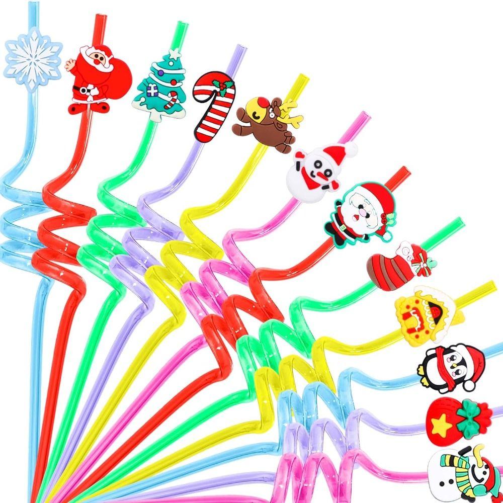 Spiral Christmas Plastic Straw Food Grade Christmas Party Decor Christmas Cartoon Straw  Children