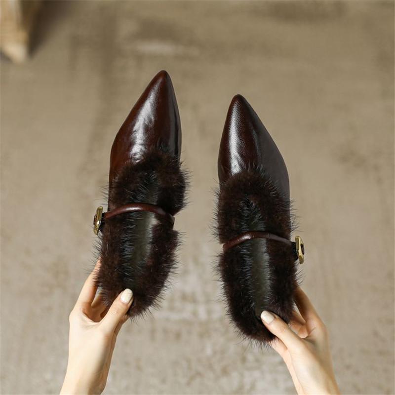 Mote Nye Høst Vinter Saueskinn Dame Pumps Sko for Kvinner Mote Spiss Tå Pels Sko Zaptos Mujer Mary Jane Sko Kvinner