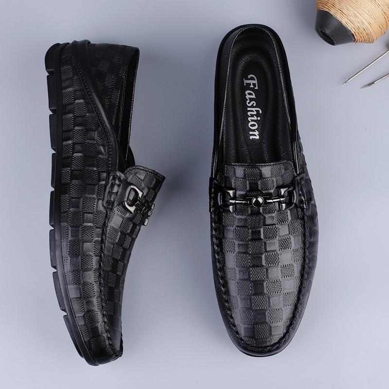 Genuine Leather Mens Loafers Dual-Purpose Casual Shoes Moccasins Classic Slip On Flats Male Driving Footwear Half Drag Slippers