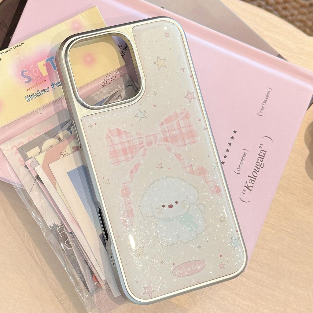 Etui w stylu Instagram z kokardką dla szczeniaka na IPhone 17, 16 Pro Max, IPhone 15, brokat z żywicy epoksydowej, 17mm Twardy Huawei