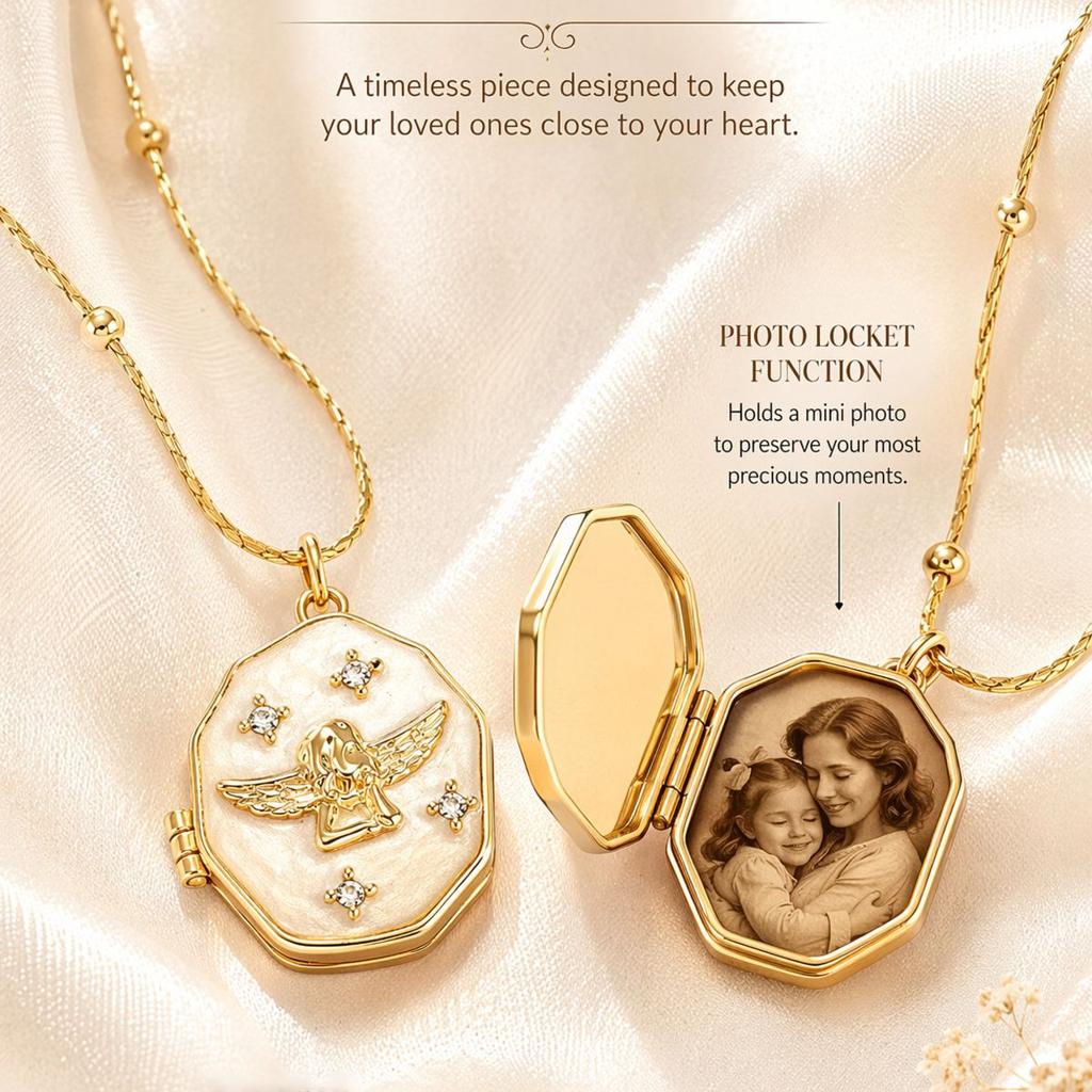 Vintage Openable Octagonal Angel Photo Locket Necklace Jewelry Gift for Women Memorial Accessory