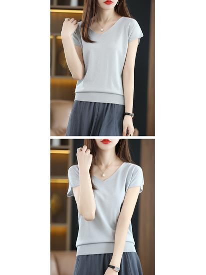 2023 Women's Ice Silk V-neck Summer Top: Short Sleeve T-shirt & Sleeveless Knitted Vest